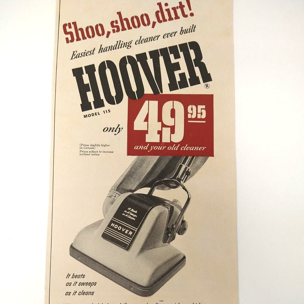 1950 Shoo Shoo Dirt $49.95 Hoover Vacuum -‎ Original Retro Vintage PRINT AD